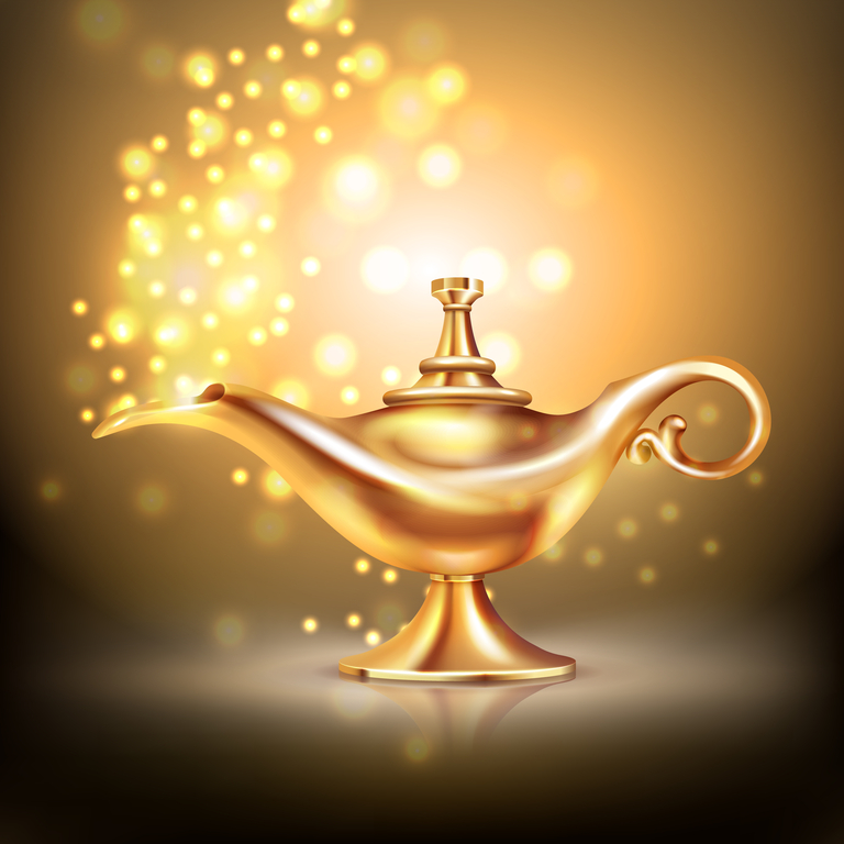 Aladdin lamp composition with luminous particles  lighting effects and oriental style vessel made of gold vector illustration